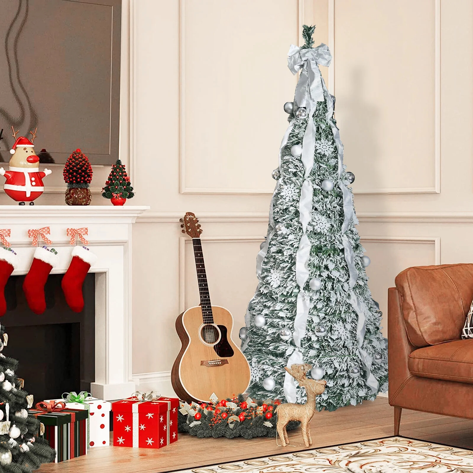 6FT Foldable Christmas Tree with LED Light and Ribbon