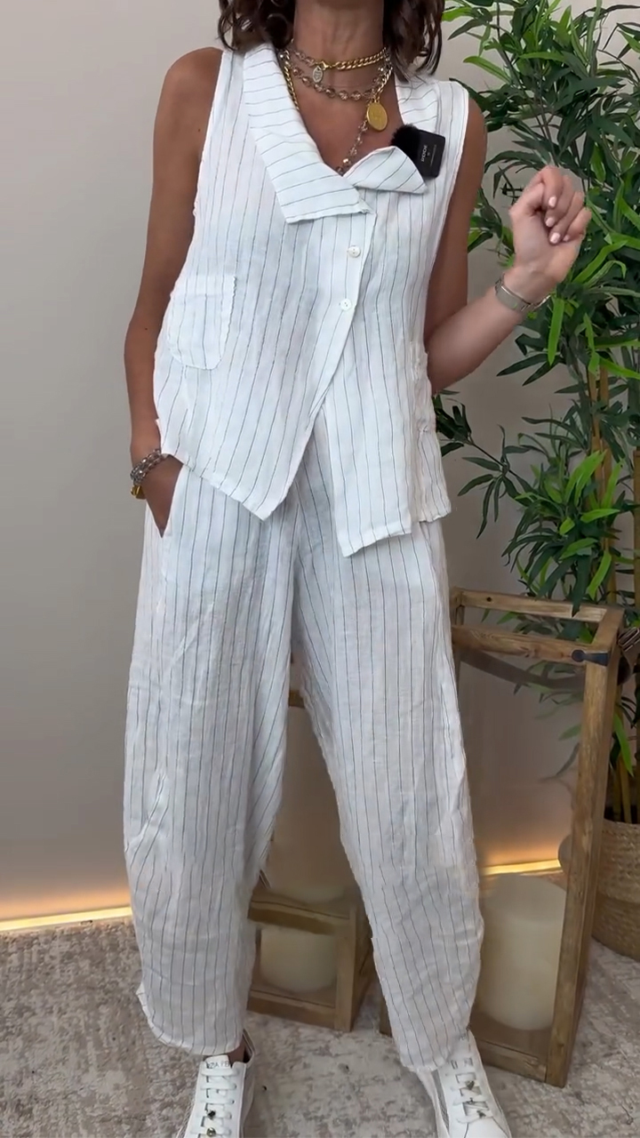 Women's Lapel Striped Cotton and Linen Casual Suit
