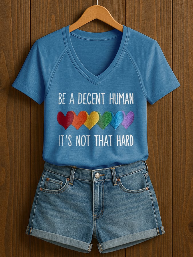 V-Neck Retro Women Be A Decent Human It's Not That Hard Print T-Shirt