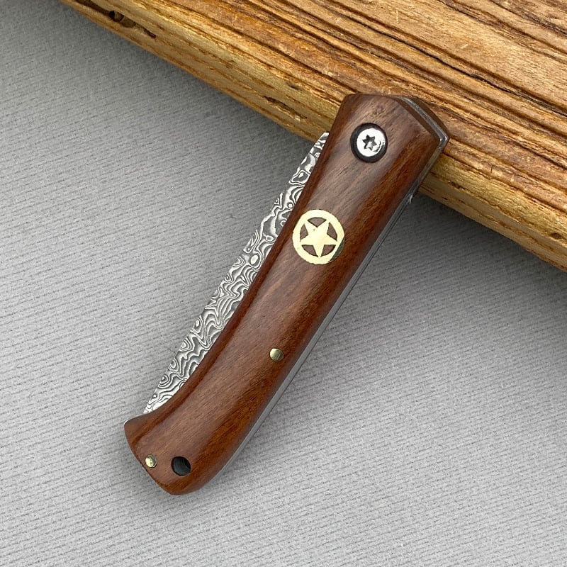 Exquisite Handcrafted Stainless Steel Pocket Knife with Wooden Handle and Damascus Blade