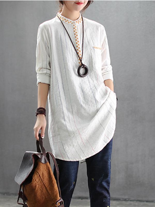 Brigitte Stand Neck Linen Cotton Shirt with Front Pocket