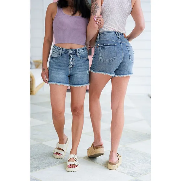 🔥Last Day Promotion 70% OFF💥Button Fly Distressed Hi-Lo Cut Hem Shorts - BUY 2 FREE SHIPPING