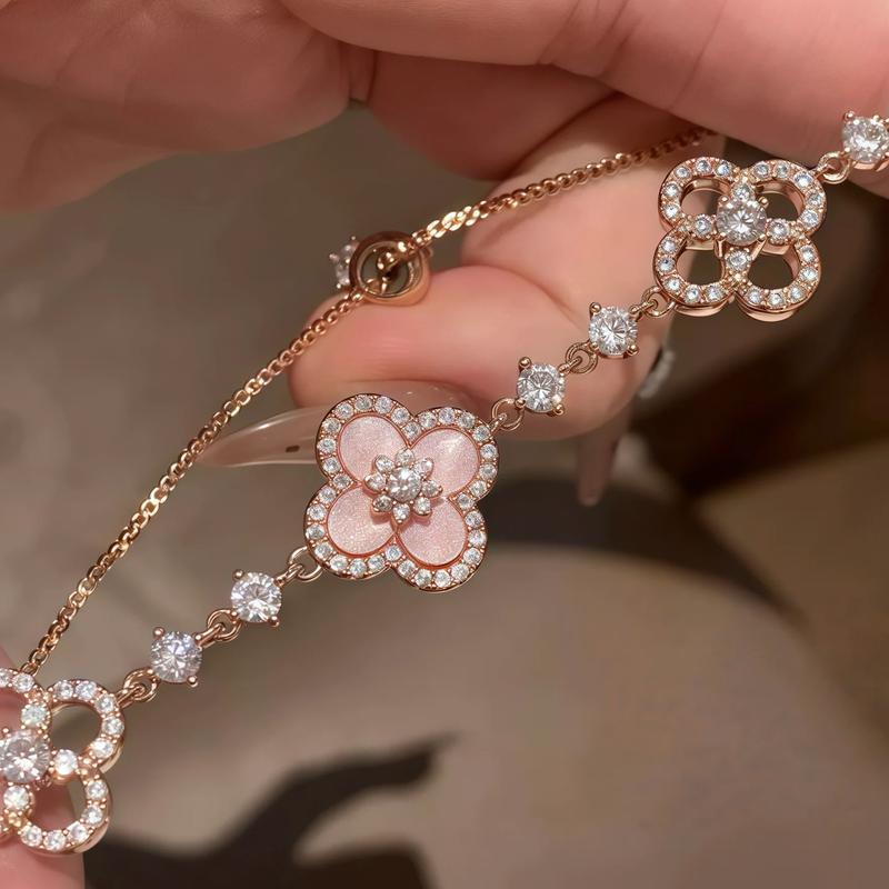 Lucky Clover Adjustable Bracelet - Sparkling Crystal & Zircon Floral Links