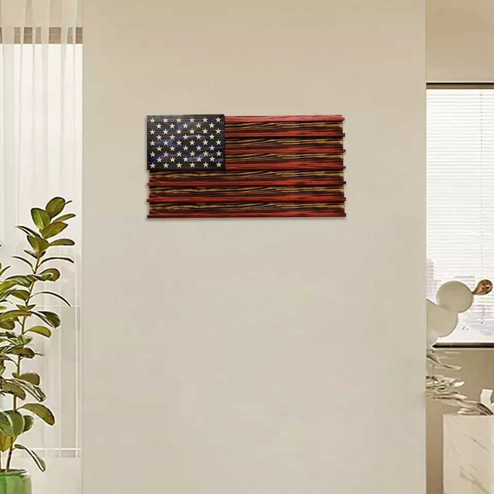 Vintage American Flag Solid Wood Wall Mounted Challenge Coin Display Holder Rack