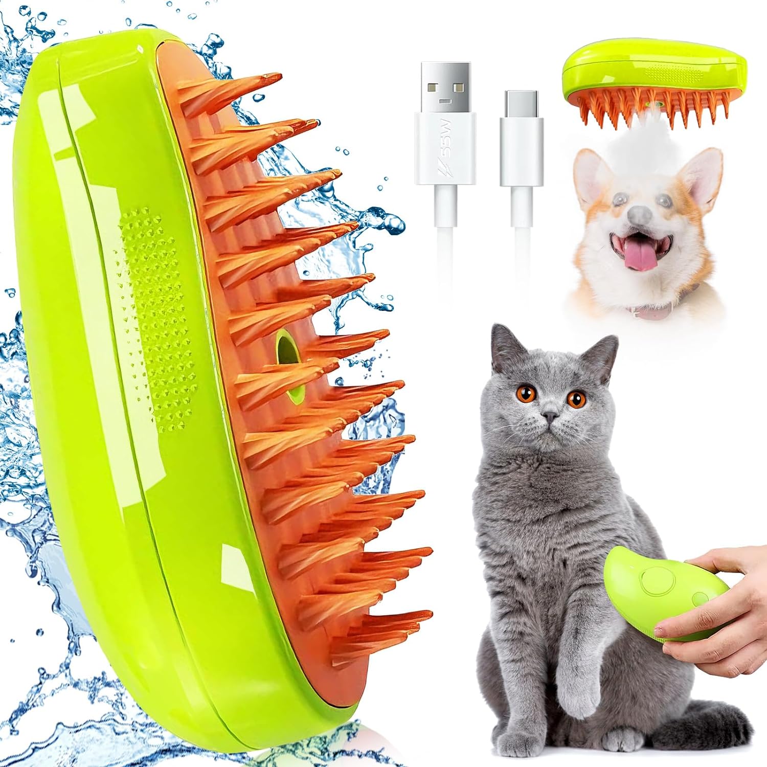 KatzenbüRste mit Dampf 3-In-1,Dampfbürste Katze Grün Steamy Brush Katze Dampfbürste für Katzen mit Spray Katzenbürste mit Wasser Katzen Dampfbürste Pflegebürste für Katzen und Hunde zur Haarentfernung