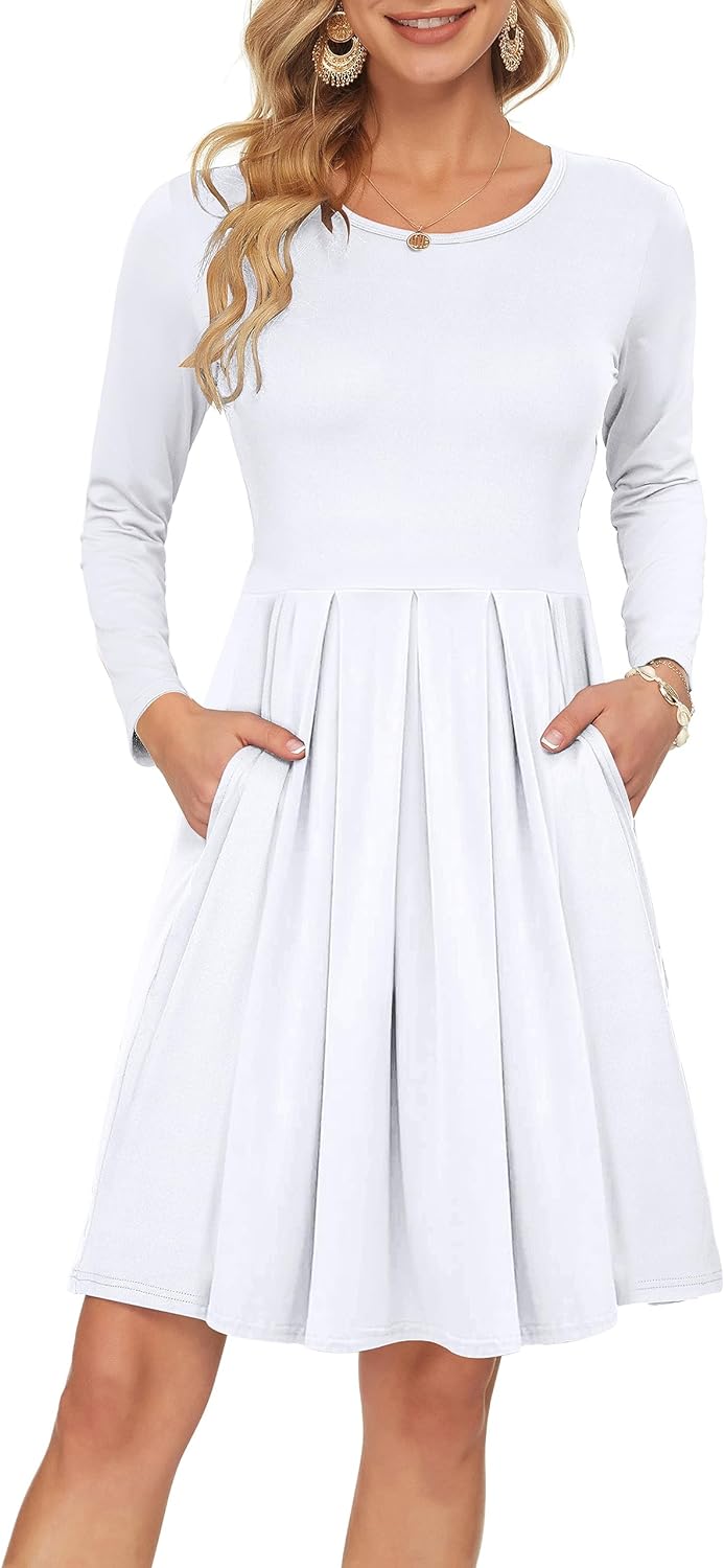 AUSELILY Women's Long Sleeve Pleated Loose Swing Casual Dress with Pockets Knee Length