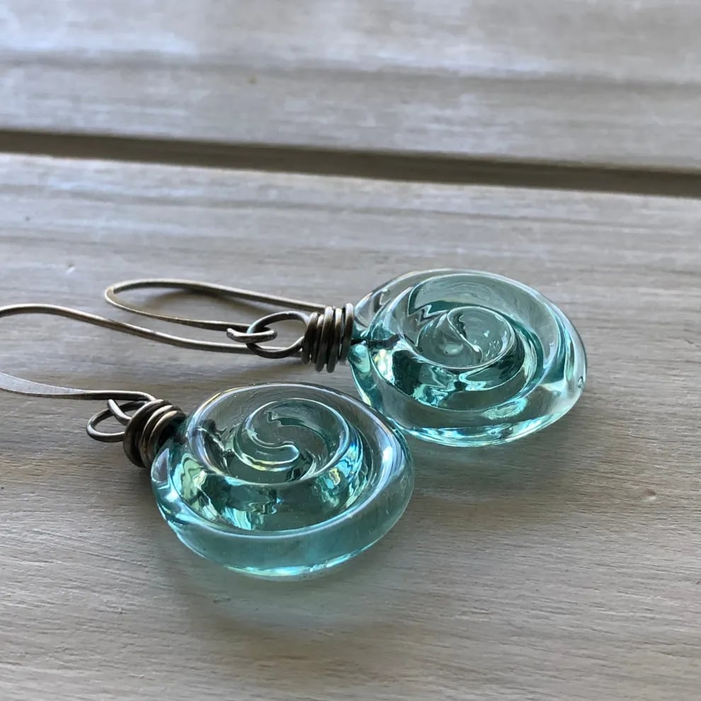 🌊Recycled Glass Spiral Earrings: Upcycled Mason Jar Dangles
