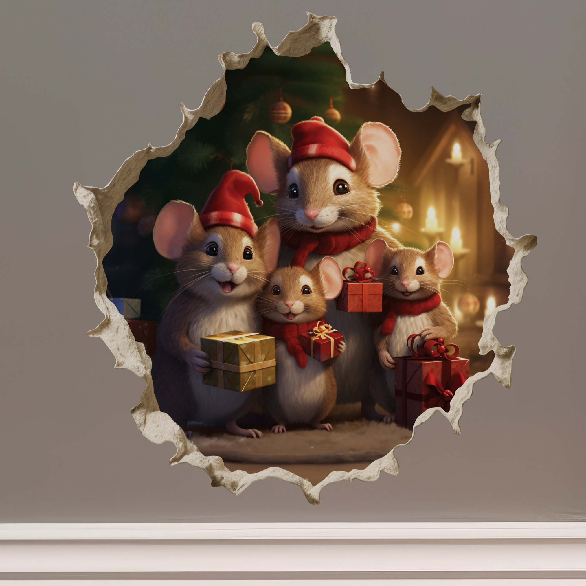 Christmas Family Mice in Mouse Hole Decal - 3D Wall Sticker