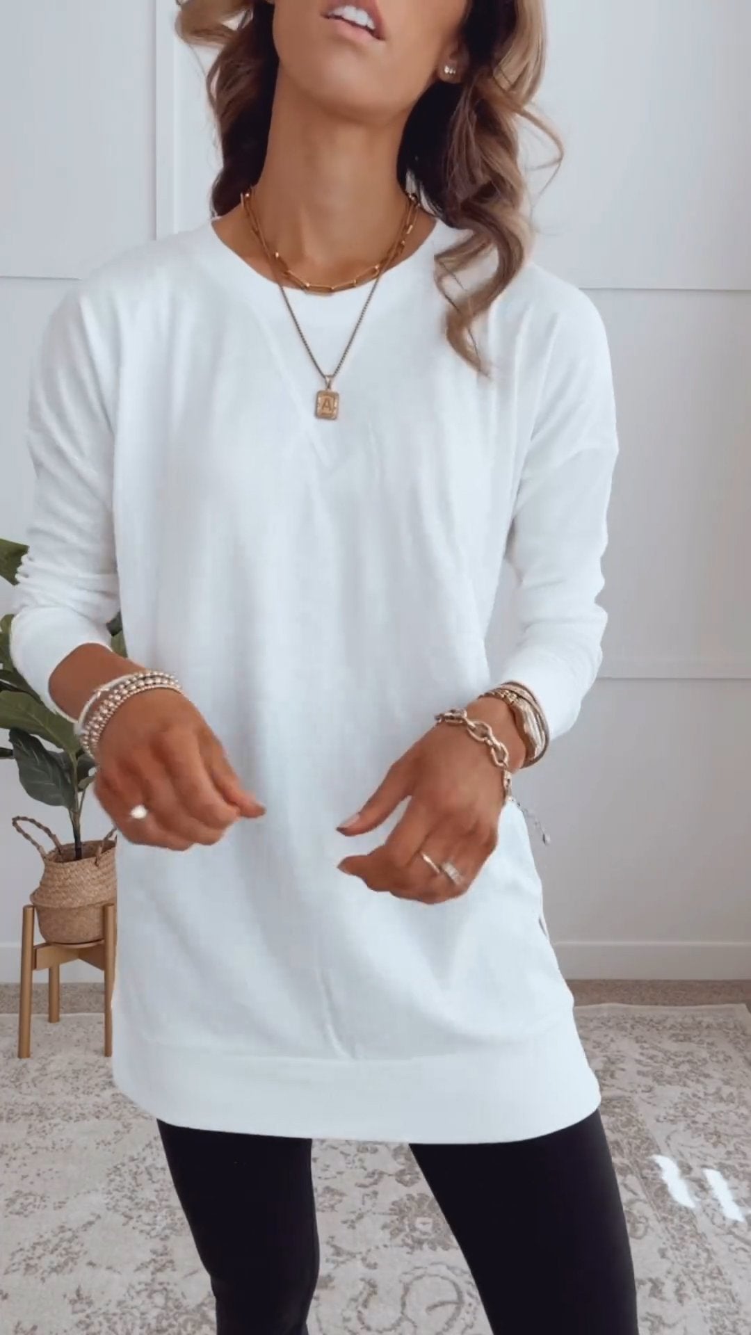 Women Round Neck Casual Solid Color Top