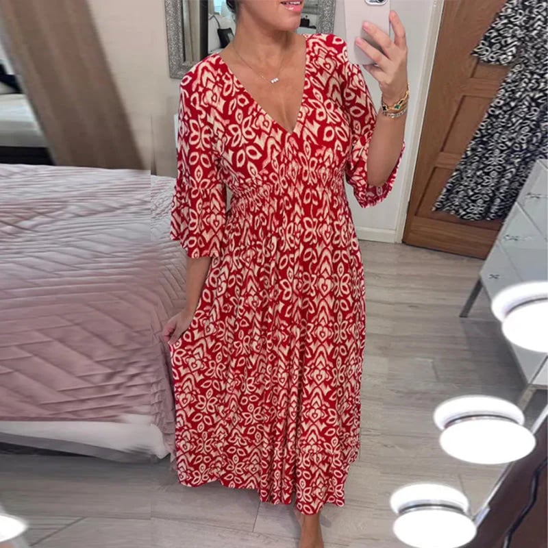 🔥Letzter Tag 49% Rabatt👗Bedrucktes Kleid mit V-Ausschnitt und weiten Ärmeln
