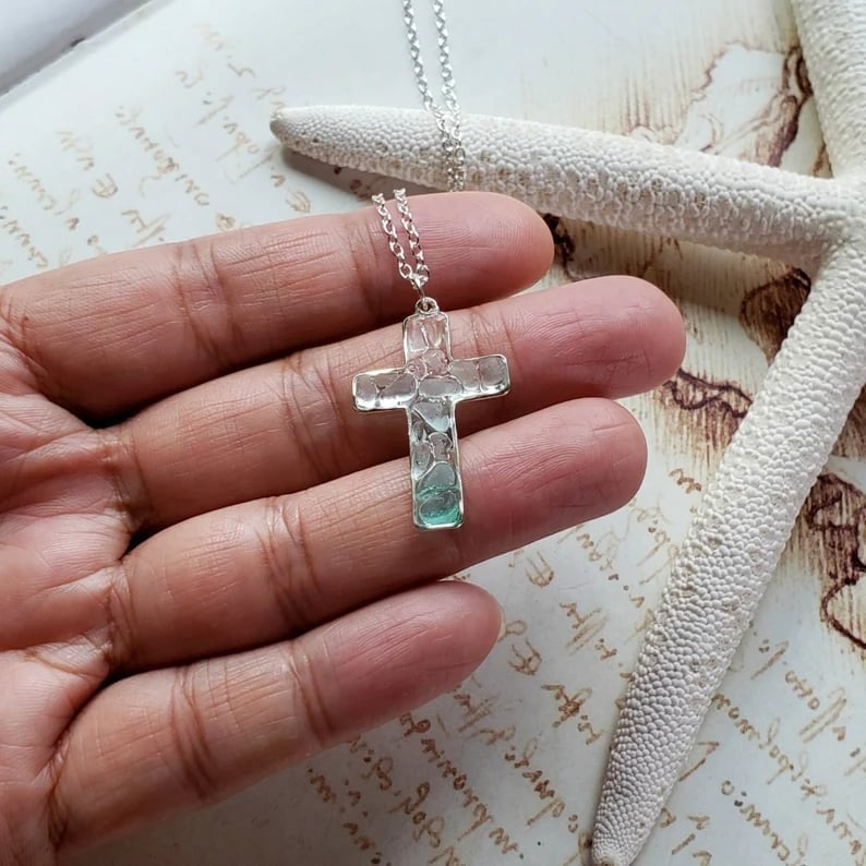 ✝️Handmade  Sea Glass 925™Silver Cross Necklace🌊