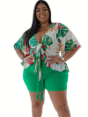 Women's Plus Size Tropical Print Peplum Top and Shorts Set