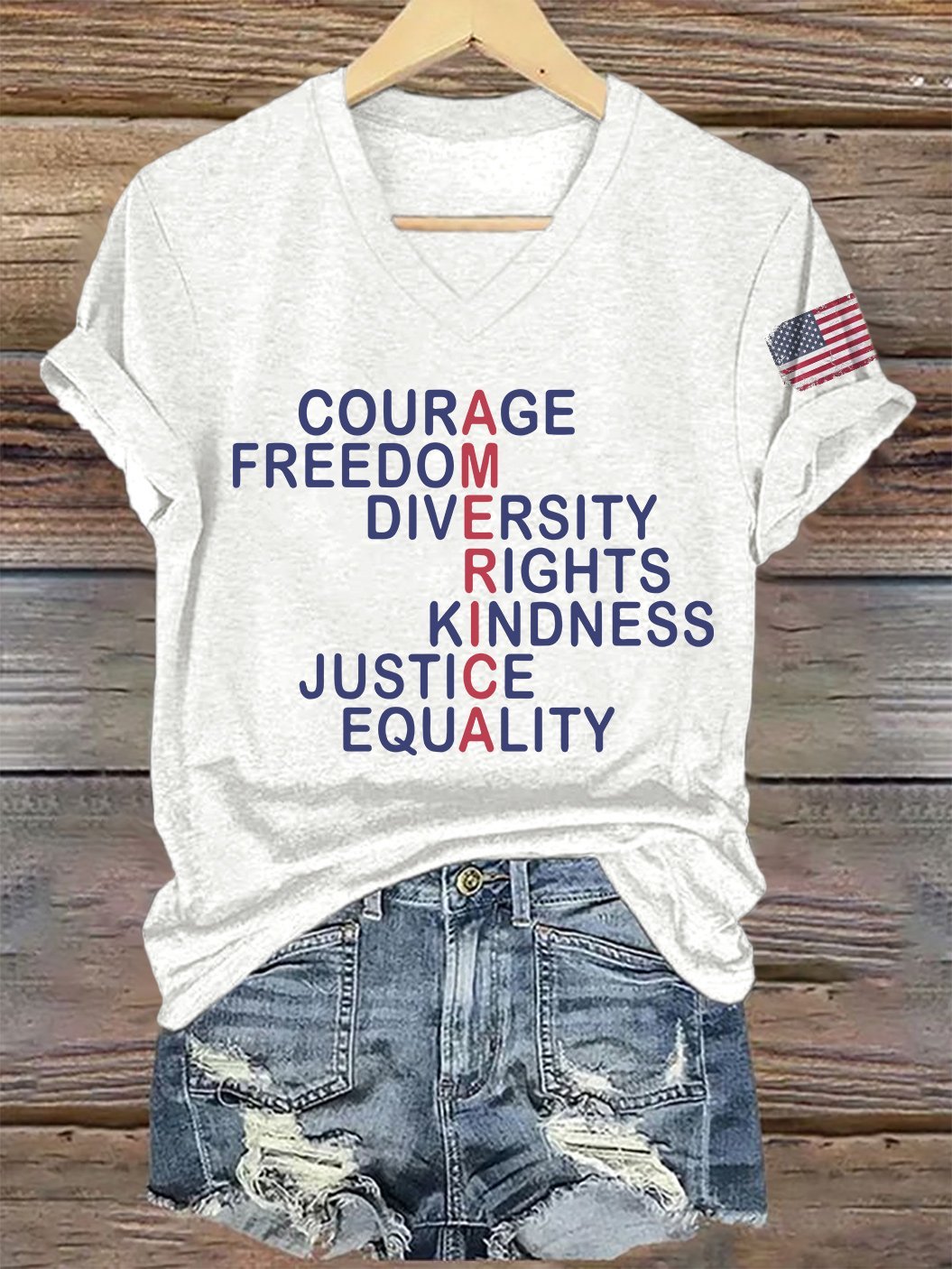 V-Neck Retro America Courage Freedom Diversity Rights Kindness Justice Equality Print T-Shirt
