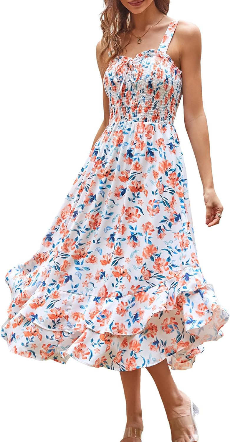 GRACE KARIN Women's 2024 Summer Floral Boho Dress Square Neck Strapped Swing A Line Beach Long Maxi Dress