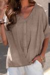Women's cotton and linen V-neck pullover short-sleeved loose top