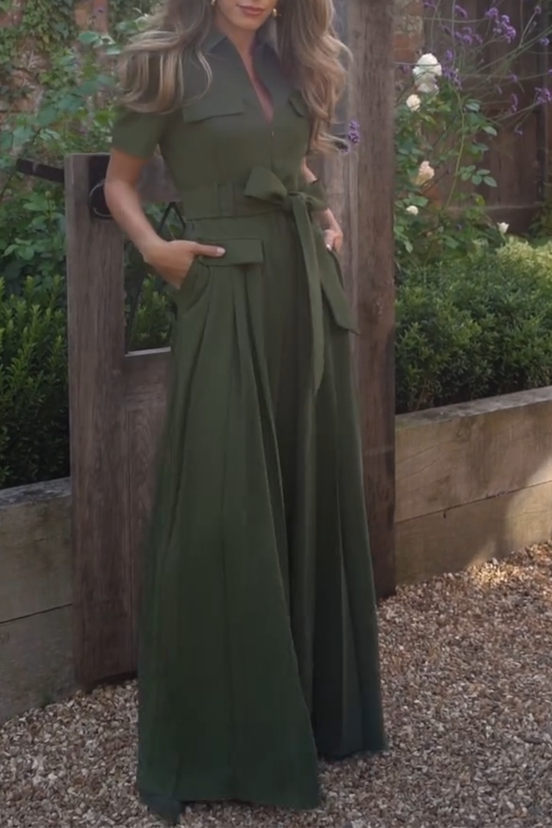 Women's Elegant Solid Color Lapel Pleated Wide Leg Jumpsuit