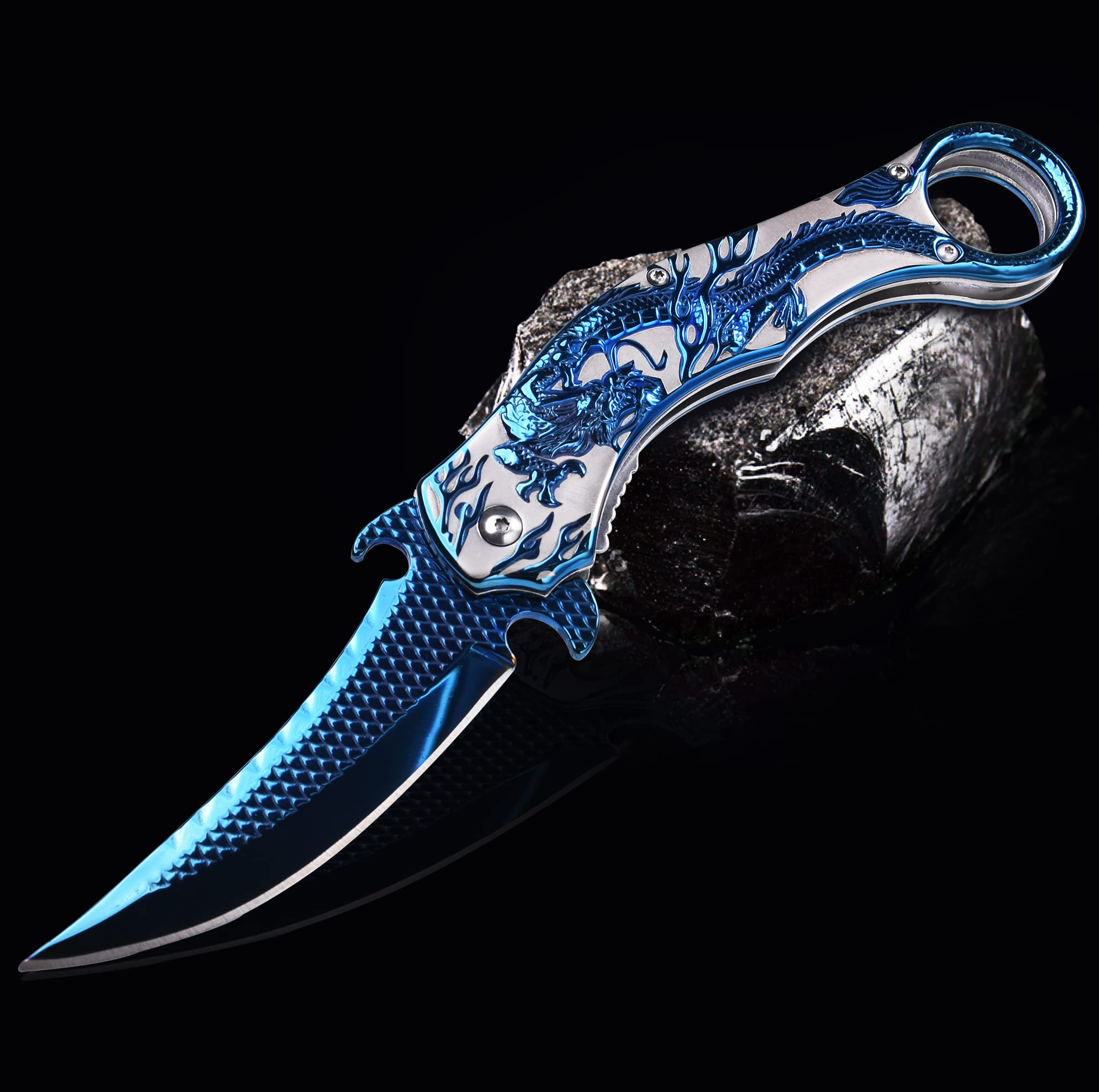 Blue Dragon Knife Dark Side-9Cr18Mo BLADE Pocket Folding Knife With Sheath