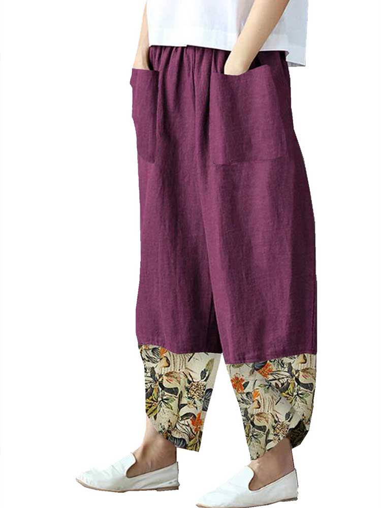 Women Printed Cotton Linen Splicing Irregular Wide-leg Pants