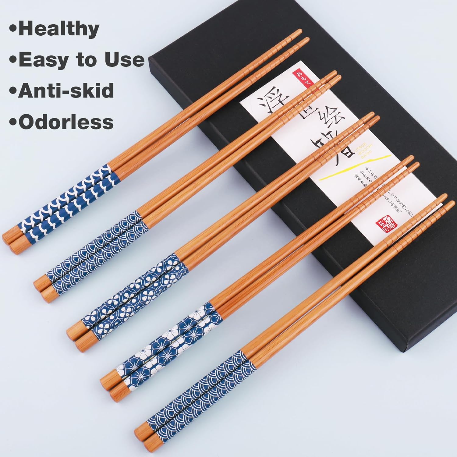 GLAMFIELDS Reusable Chopsticks Japanese Natural Wooden 5 Pairs Classic Style Lightweight Hand-Carved Safe Chop Sticks 8.8 Inch/22.5cm Gift Set