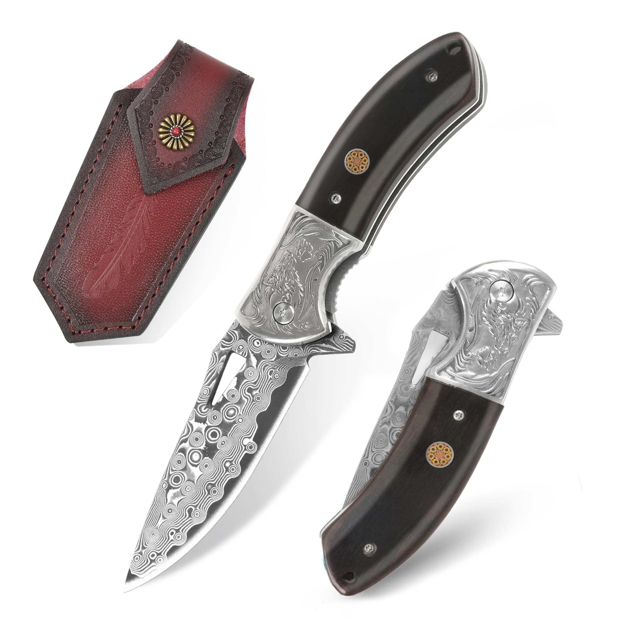 🐺 Damascus Pocket Knife – Handmade VG10 Steel with Abalone Shell Handle