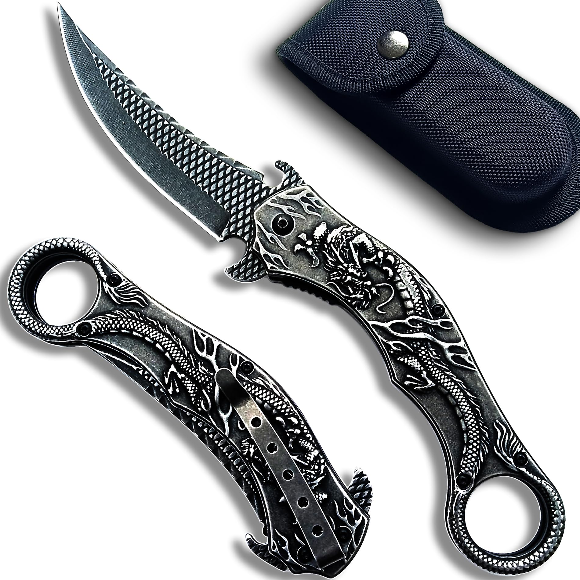 Blue Dragon Knife Dark Side-9Cr18Mo BLADE Pocket Folding Knife With Sheath