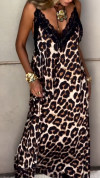 Women's V-neck Sleeveless Leopard Lace Stitching Casual Dress