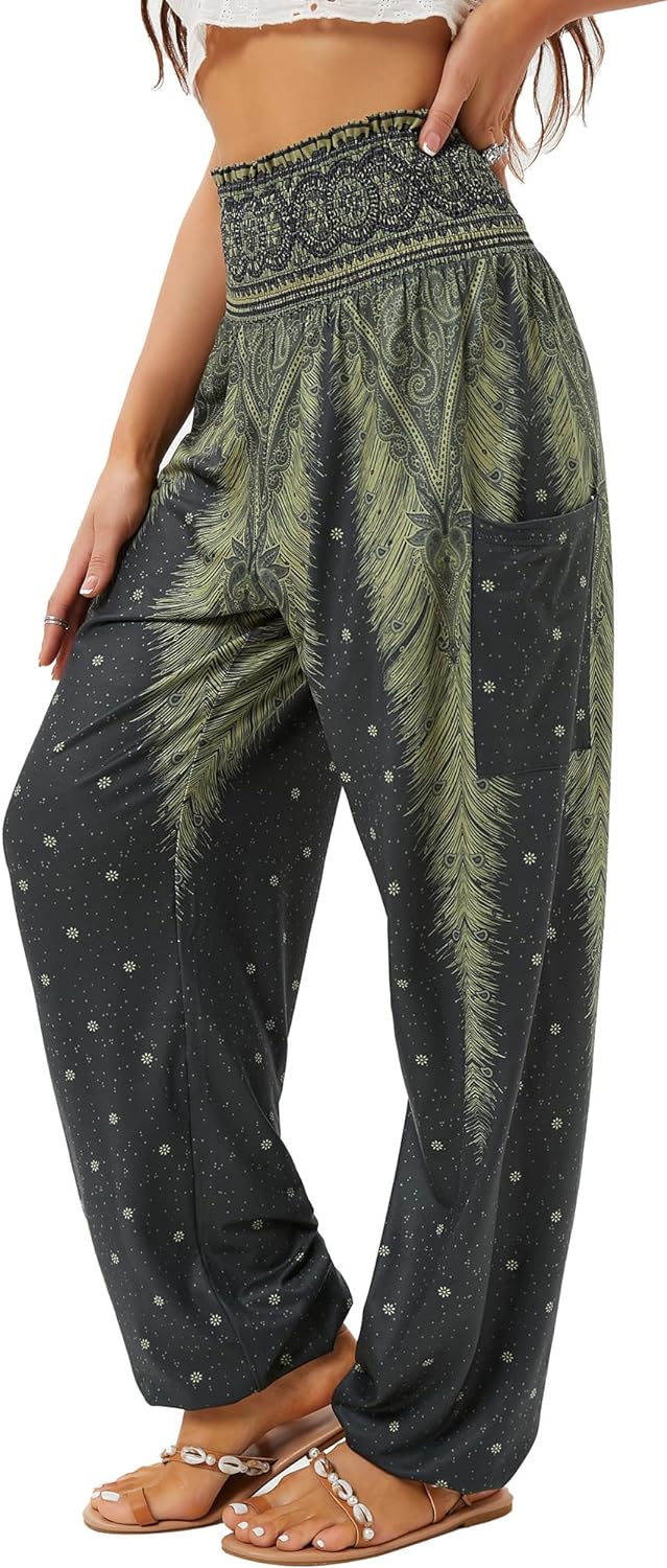 QIANXIZHAN Women's Harem Pants, High Waist Yoga Boho Trousers with Pockets