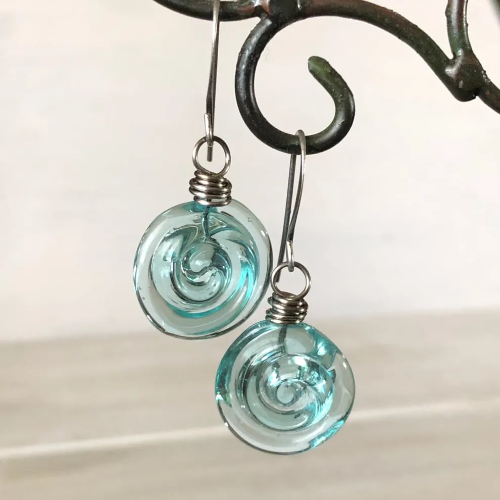 🌊Recycled Glass Spiral Earrings: Upcycled Mason Jar Dangles