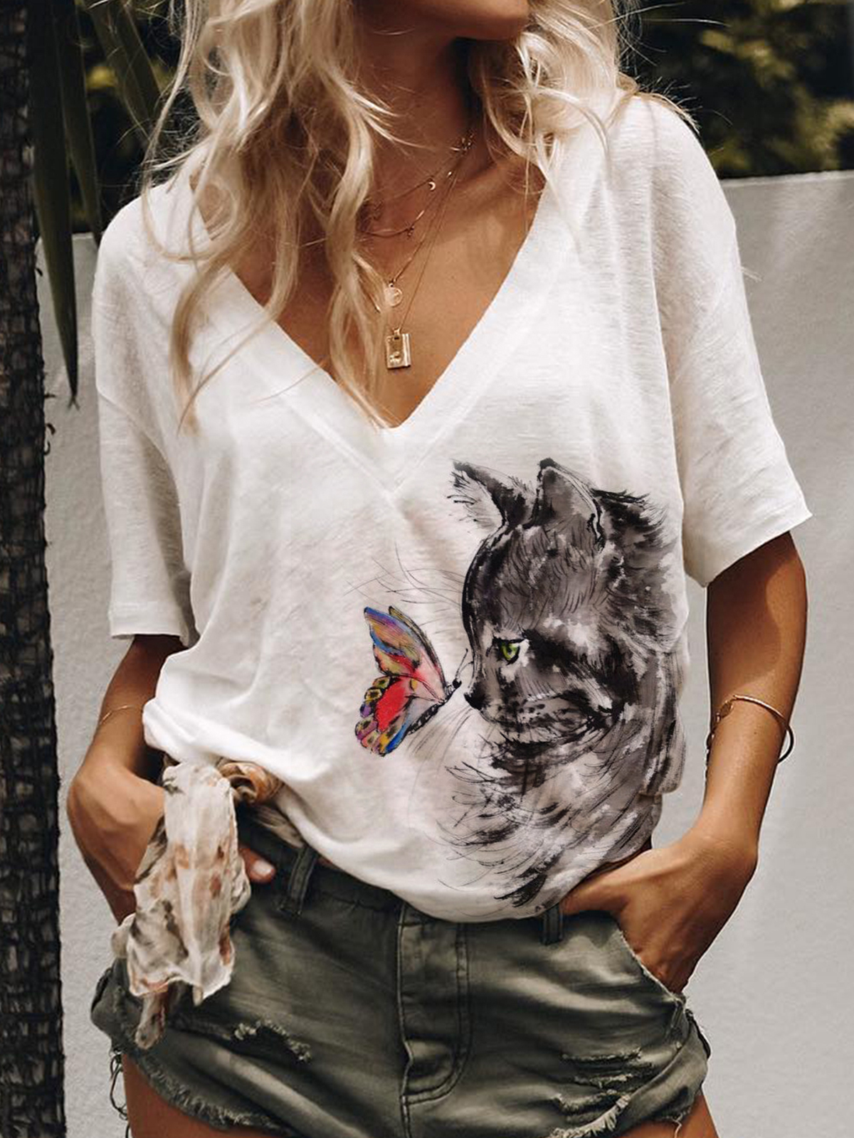 shirt kitten print loose V-neck short sleeve T-shirt