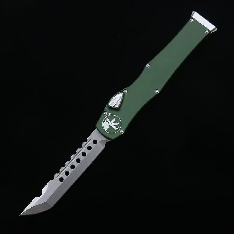 OTF micro-tech green handle Halo 6 lever straight jump knife