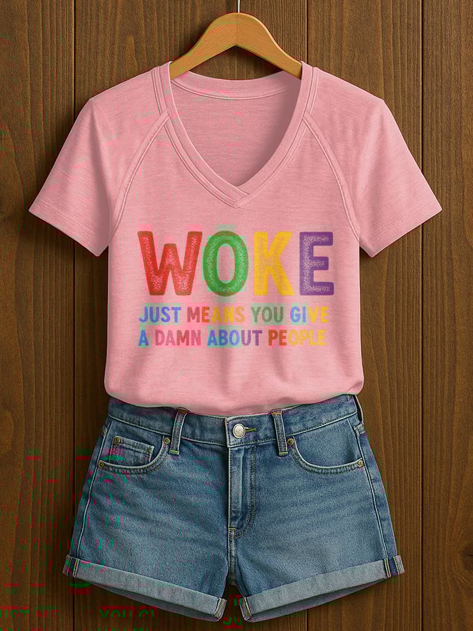 V-Neck Retro Women Woke Just Means You Give A Damn About People Print T-Shirt