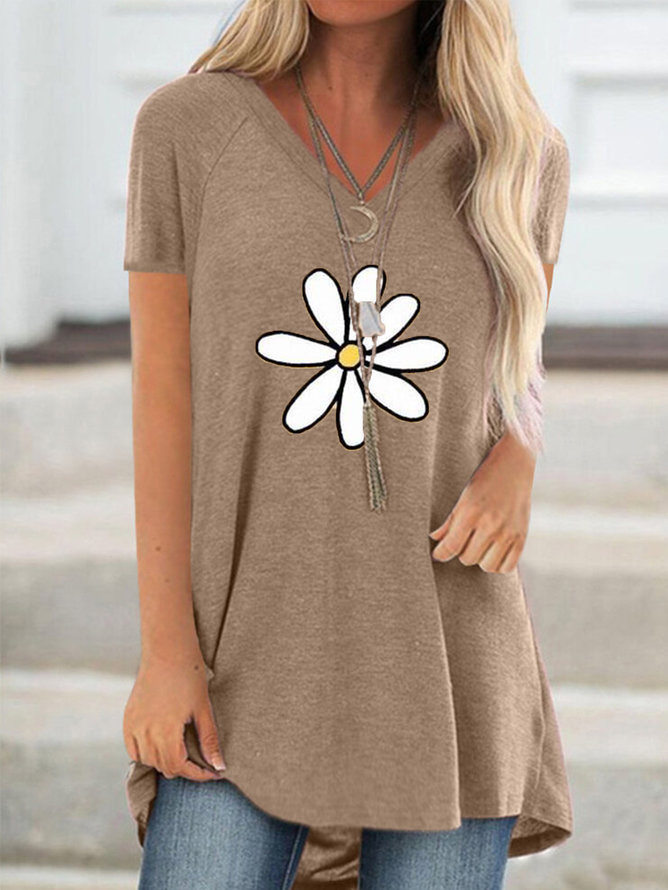 Hot style short sleeve V-neck T-shirt in flower print