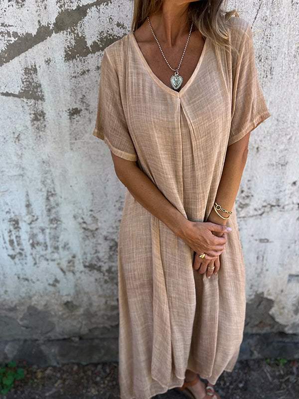 Women Cotton and Linen V-neck Midi Dress