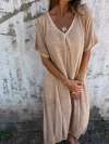Women Cotton and Linen V-neck Midi Dress