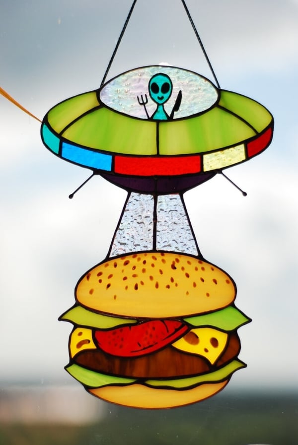 🛸UFO Abduction a Cow Stained Glass Suncatcher