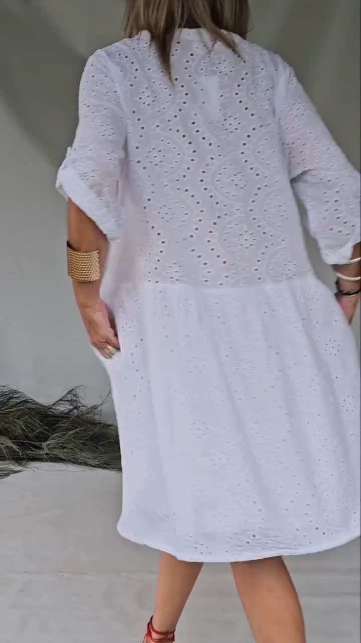 Women's Casual Solid Color V-Neck Lace Hollow Dress