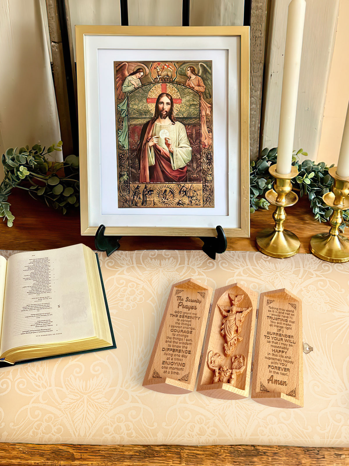 The Serenity Prayer - Openable Wooden Cylinder Sculpture of Jesus Christ