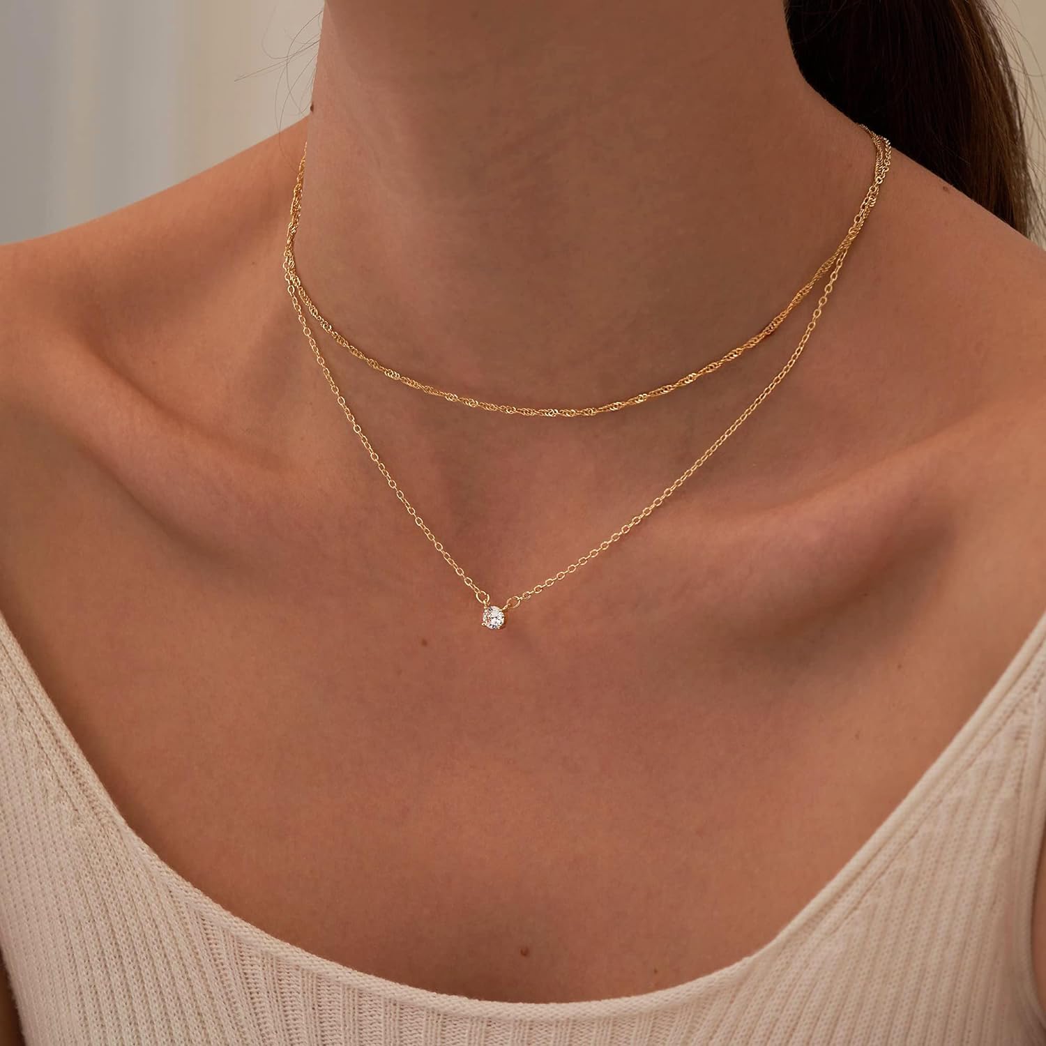 Tewiky Diamond Necklaces for Women, Dainty Gold Necklace 14k Gold Plated Long Lariat Necklace Simple Gold CZ Diamond Choker Necklaces for Women Trendy Gold Necklace Jewelry Gifts for Girls