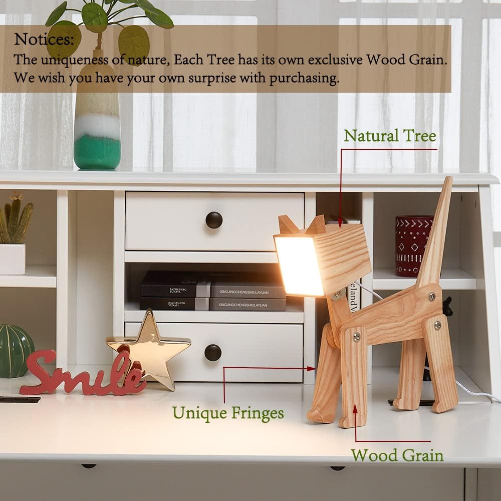 Unique Bedside Table Lamp Cat Adjustable Body Fun Wooden Desk Lamp with Dimmable Touch Switch Warm White Light Gift for Kids Room, Living Room, Boy's Girl's Bedroom, College Dorm, Bookcase