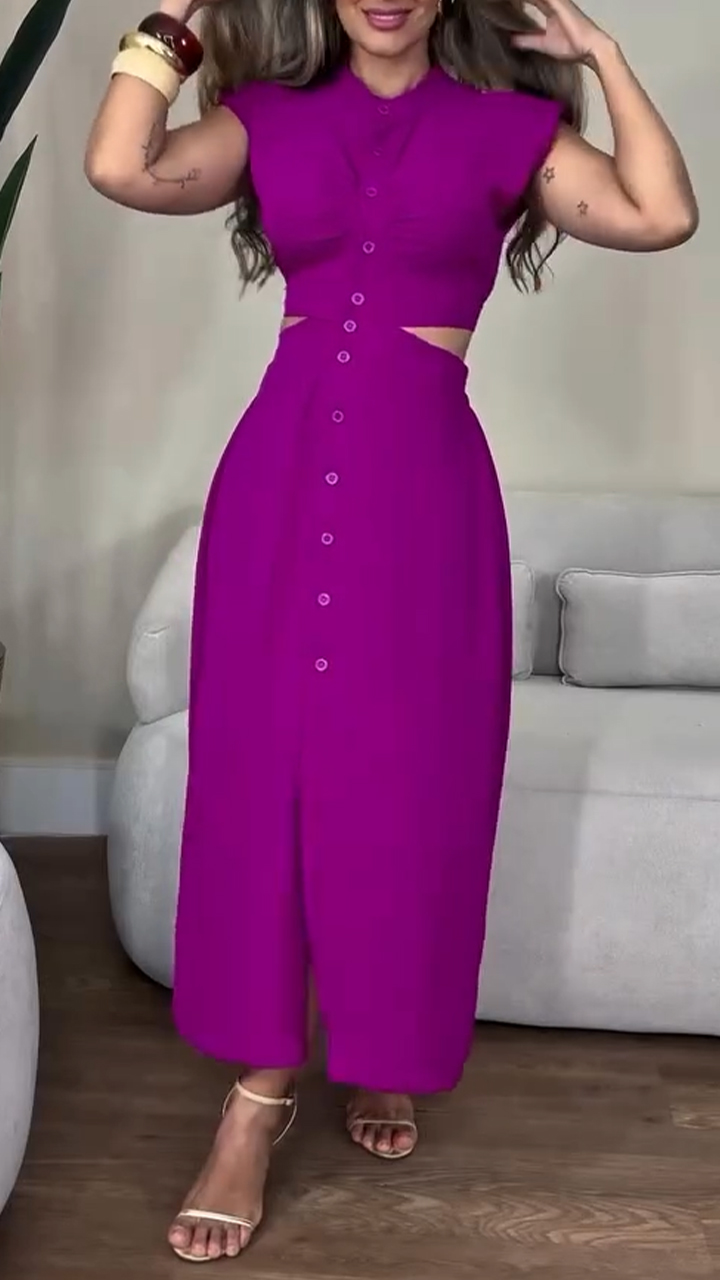 Women's Round Neck Buttoned Hollow Waist Casual Dress