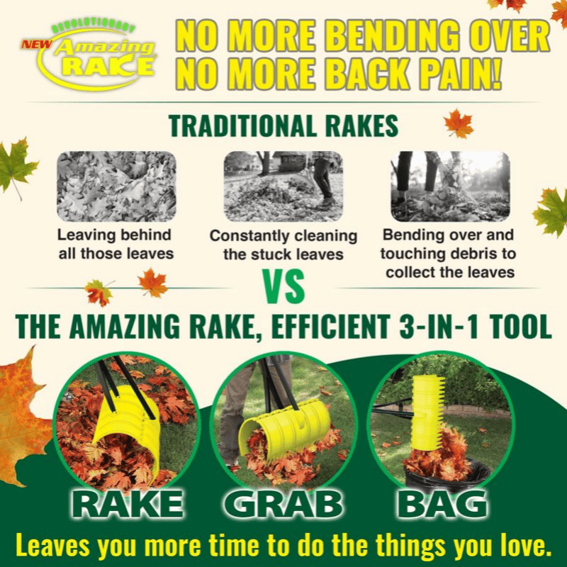 3-in-1 Ergonomic Pickup Rake - Easy Leaf & Grass Grabber Without Bending Over