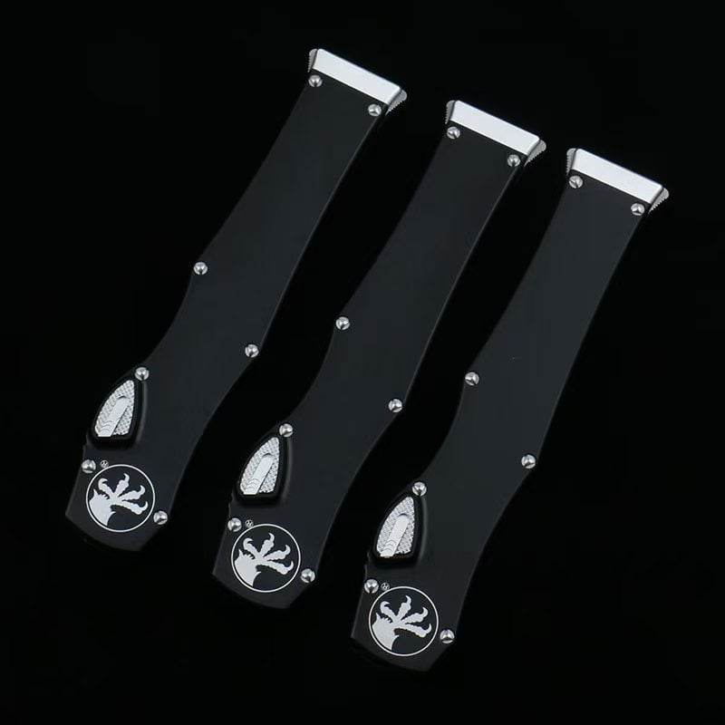OTF micro-tech black handle Halo 6 lever straight jump knife