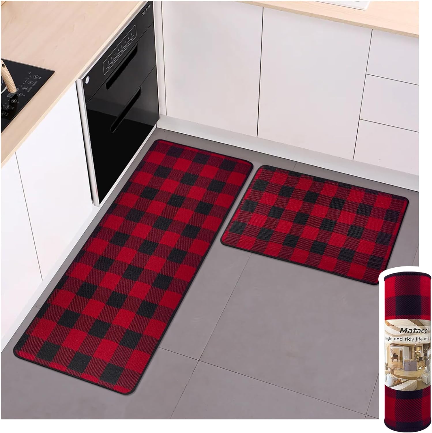 Buffalo Check Plaid Kitchen Rug Set - 2PCS (17x47 & 17x29), Farmhouse Style, Non-Printed Woven Surface, Non-Slip, Machine Washable, Black & White