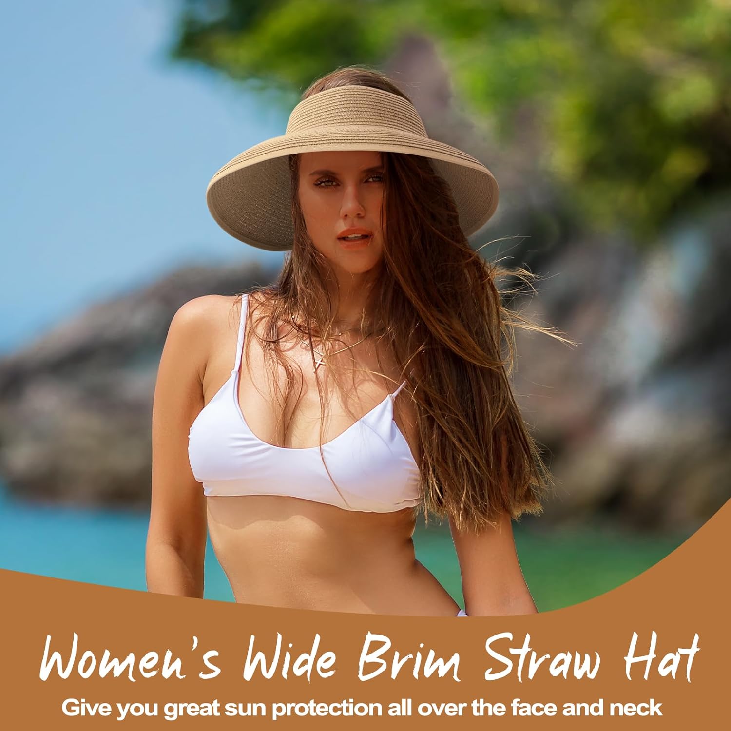 Beach Hat for Women, Wide Brim Sun Straw Hat for Women, Sun Hat Womens UPF 50+ UV Protection, Floppy Foldable Summer Hat