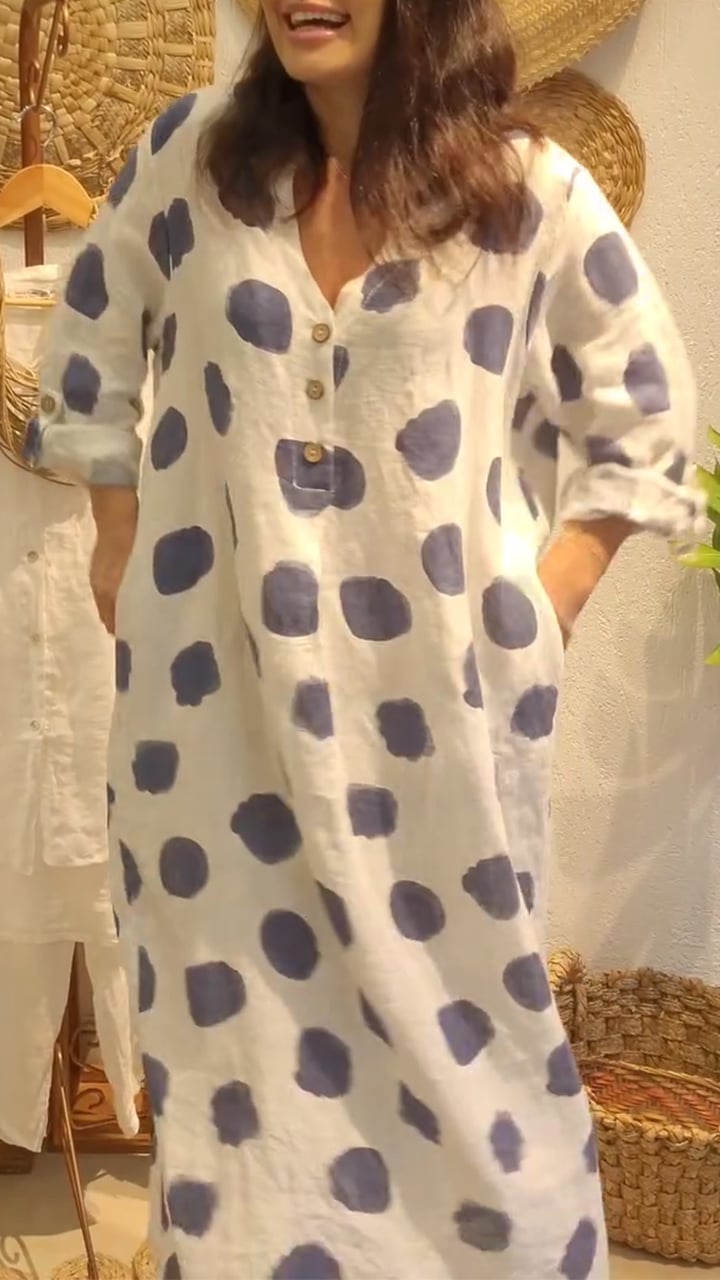 Women's V-neck Polka Dot Cotton and Linen Casual Dress