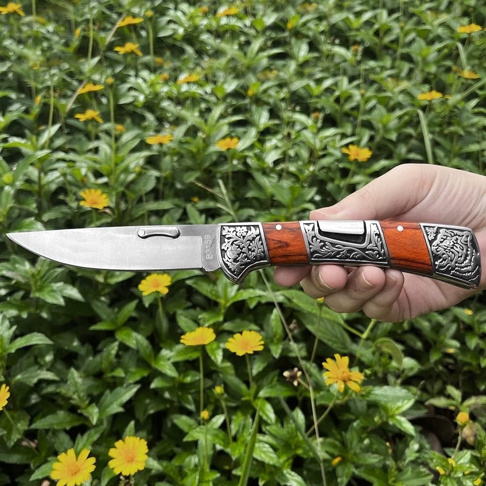 🔪 Folding EDC Pocket Knife – Classic Wood Handle