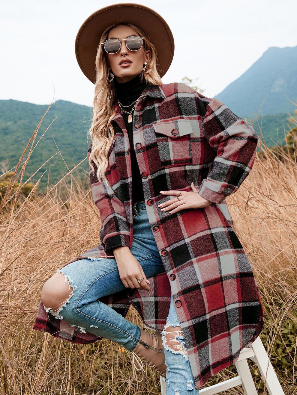 🔥 Last Day Promotion 50% OFF 🔥Women's Plaid Print Button Front Split Long Sleeve Warm Coat