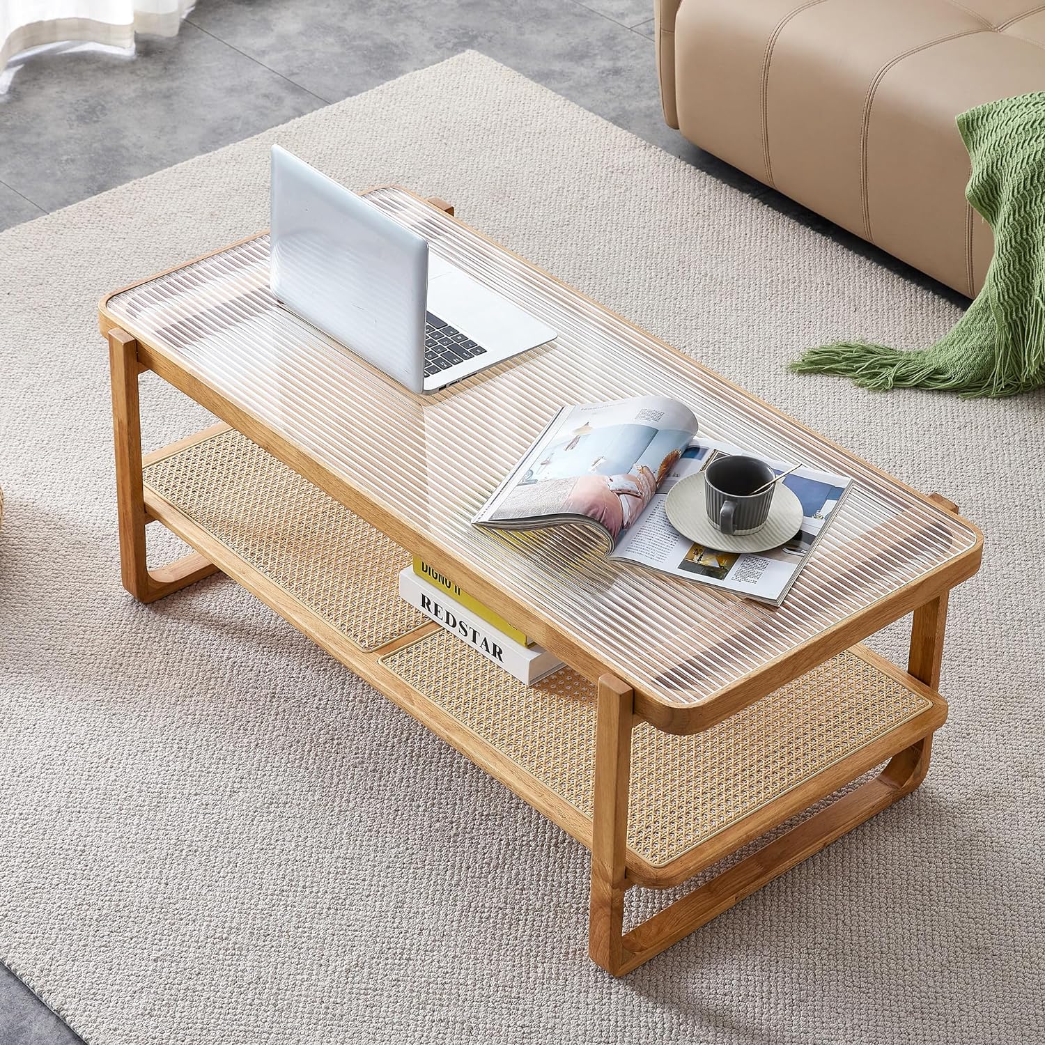 Mid Century Modern Coffee Table with Storage, 41.3 Inch Rectangle Wooden Accent Center Tables with Sliding PE Rattan Woven Door Panel and Solid Wood Legs, Suitable for Living Room, Apartment