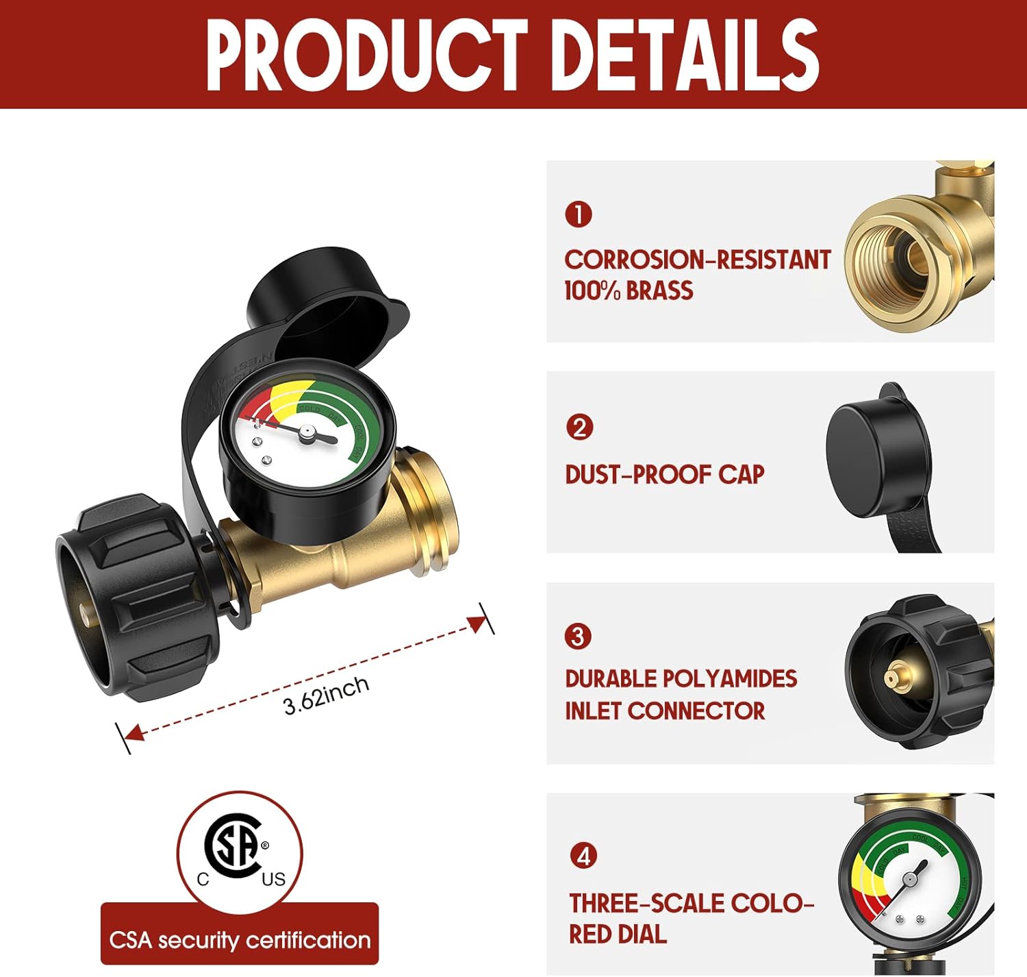 Universal Propane Tank Gauge for 5-40 Pound LP Tanks | Gas Level Indicator for Grill, Heater, RV Camper, QCC1 Connection