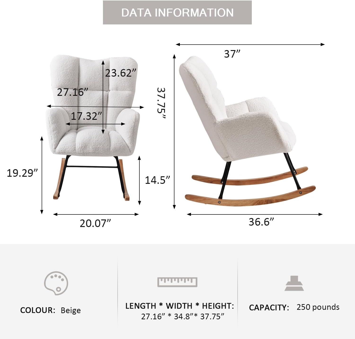 Rocking Chair Nursery, Teddy Glider Rocker with High Backrest, Modern Rocking Accent Chairs for Nursery, Living Room, Bedroom (Ivory)